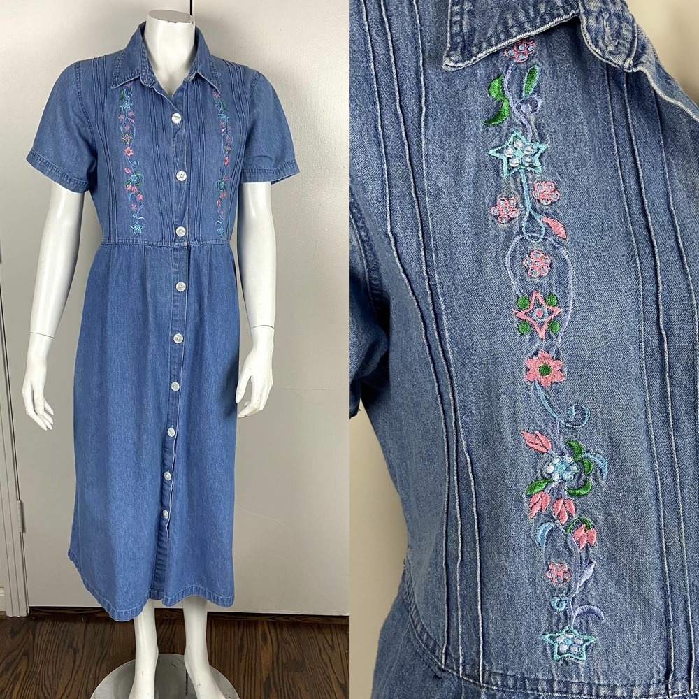 Vintage 90s Embroidered Floral Chambray Midi Dress babydoll M cottagecore jean